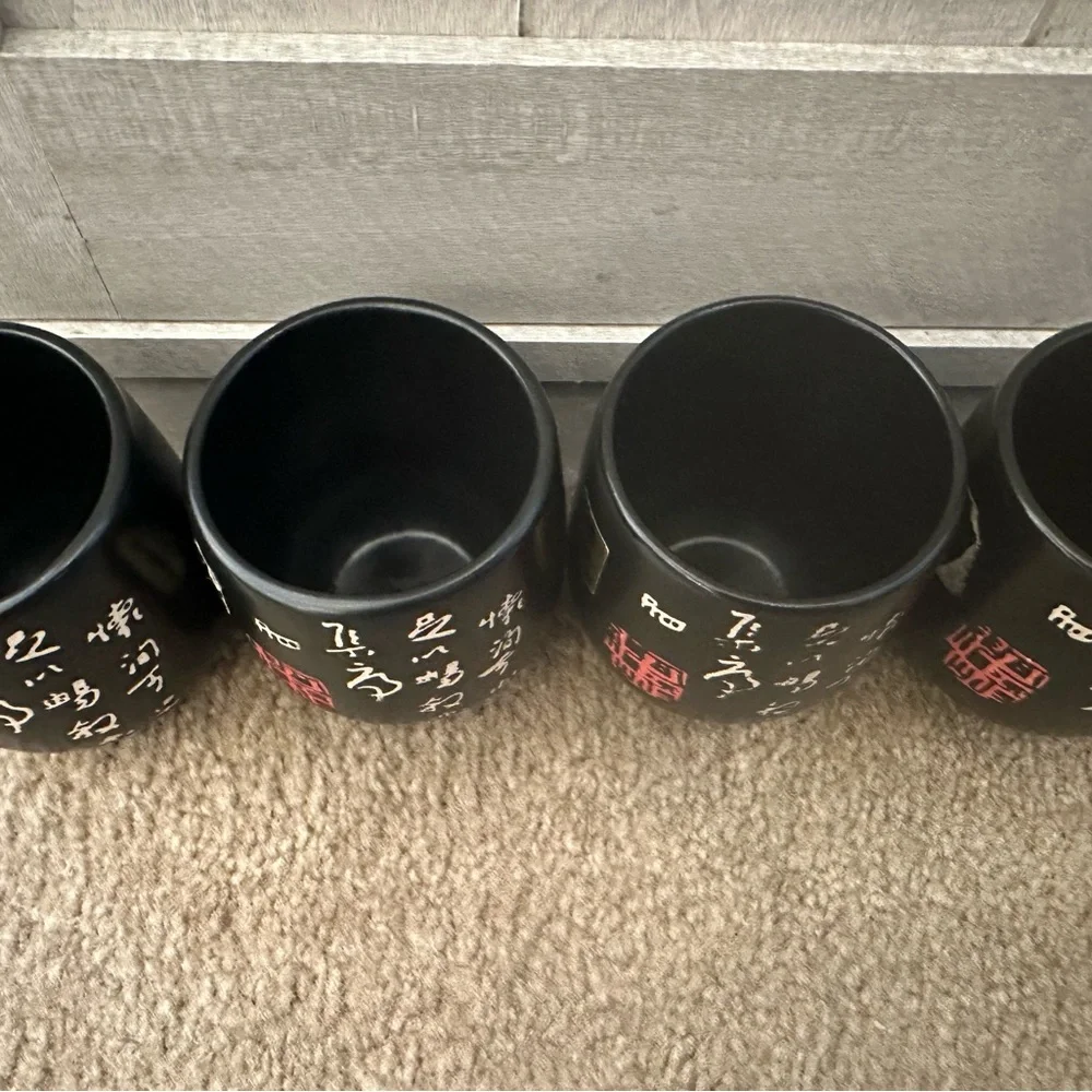 Set of 4 Sake Cups Black Ceramic Tea Cups with Red and White Design New